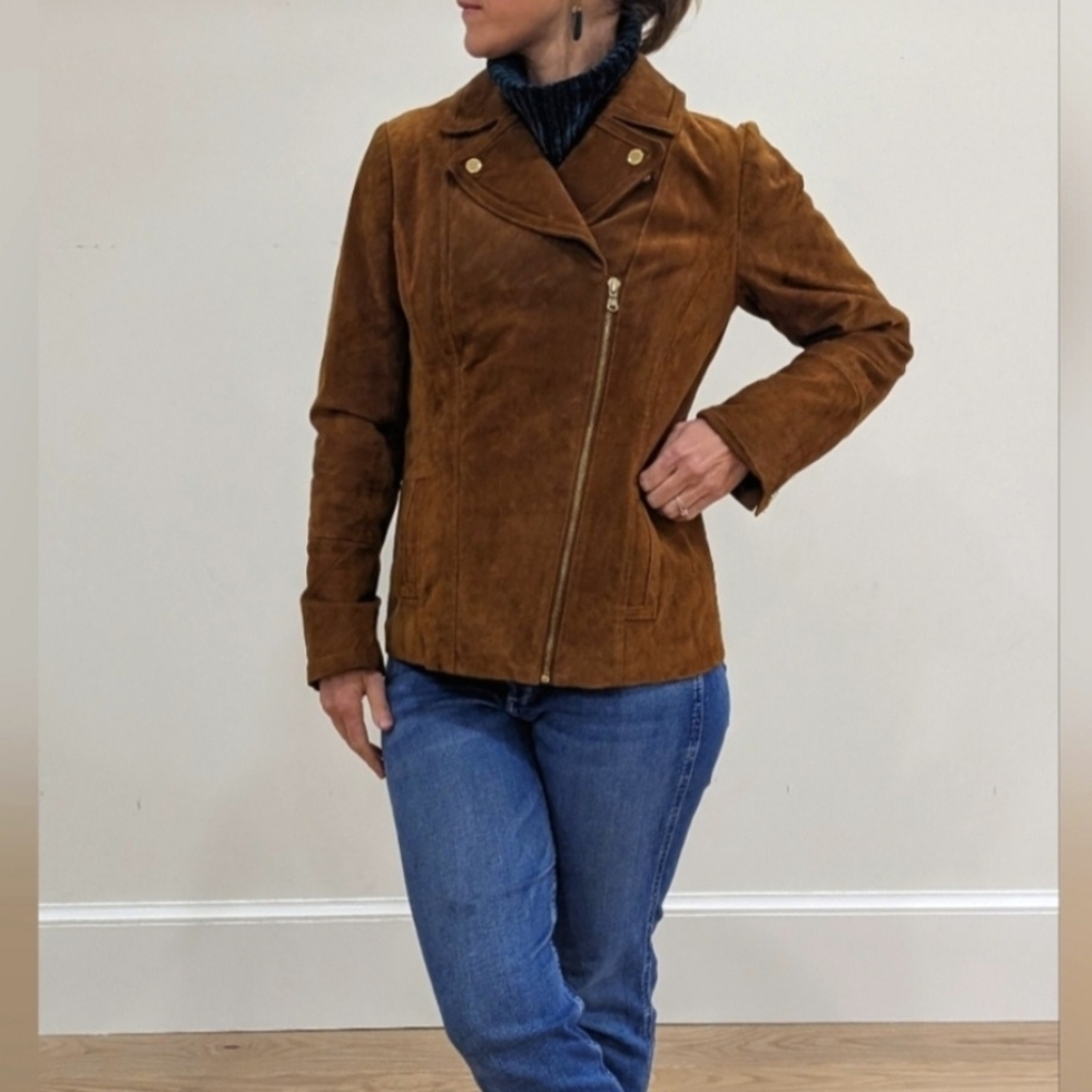 Gorgeous Isaac Mizrahi Leather Suede Motorcycle Moto Jacket Brown Gold Trim 12 - Picture 3 of 15